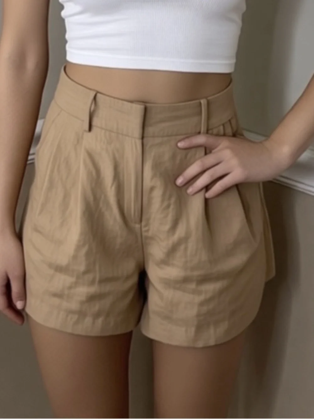 Zara Tan Pleated High-Waist Bermuda Shorts